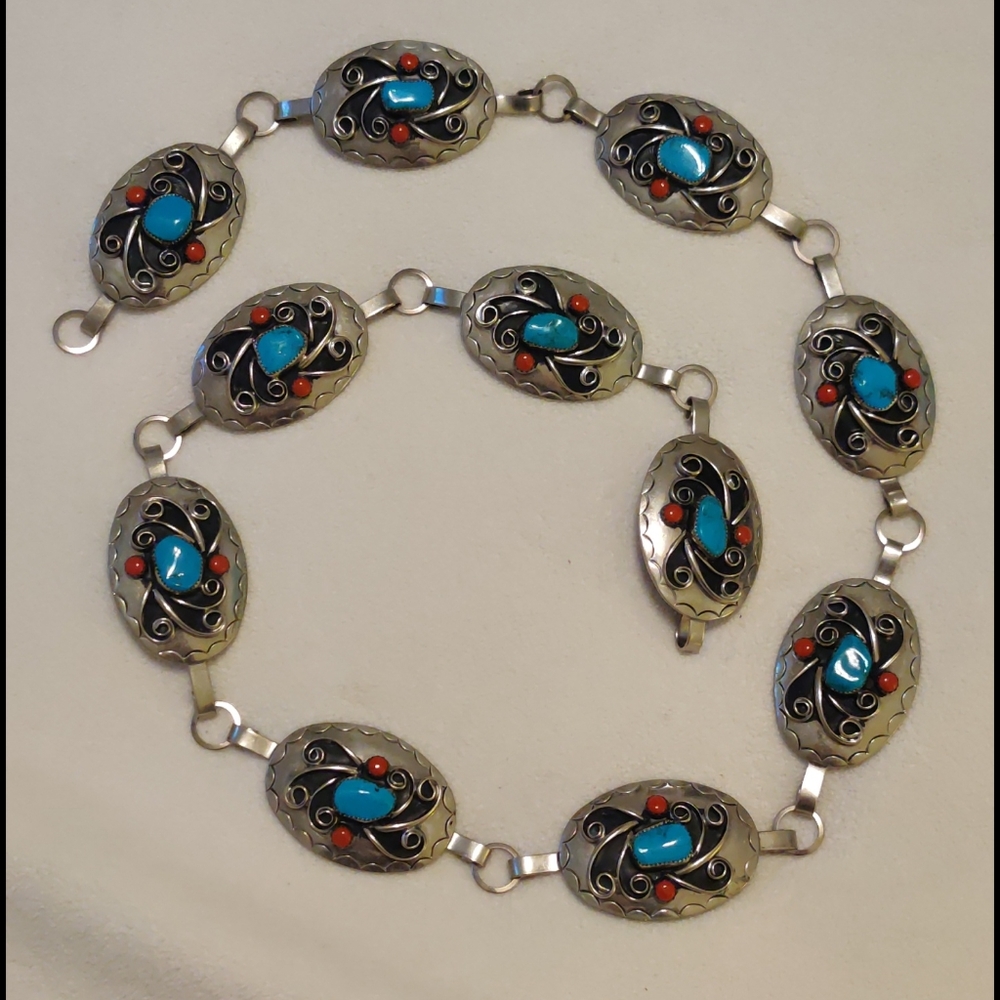 Navajo faux turquoise, coral coin silver belt